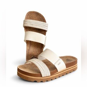 Reef Platform Slide Sandals Sz 8 Cork Footbed Cream Woven Straps